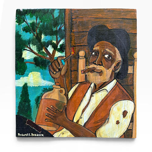 Richard E Roebuck 13x13 Man with Jug and Cigar on Wood WP6515